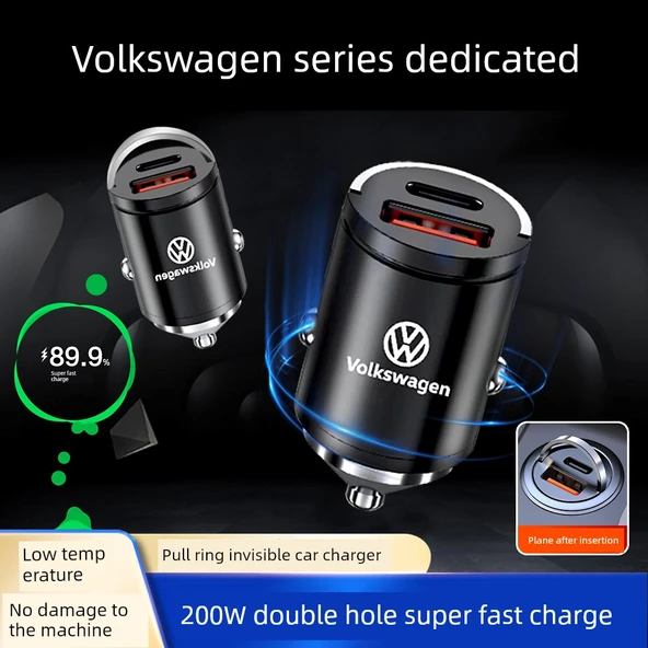 Volkswagen Gizli Araç Şarj Cihazı - 45W Mini Alaşım Siyah + Üçü Bir Arada Data Kablosu - 2