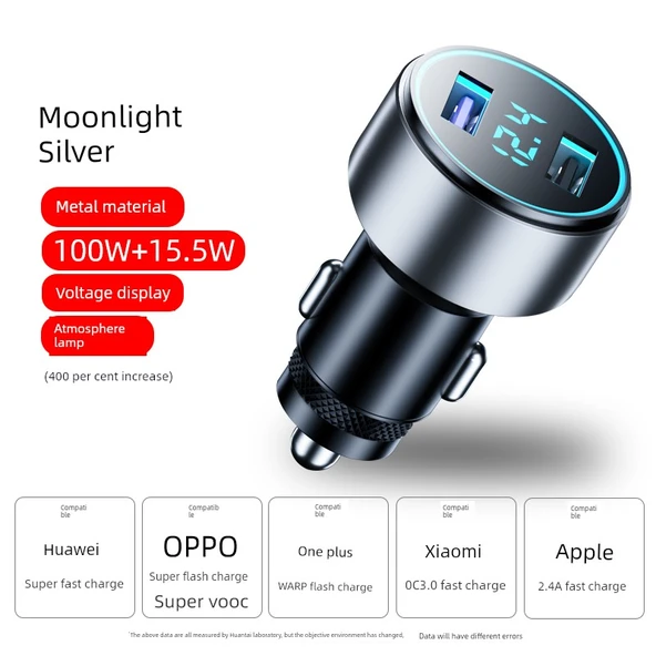 Çift Portlu Araç Şarjı - 100W Süper Hızlı Şarj Ay Işığı Gümüş