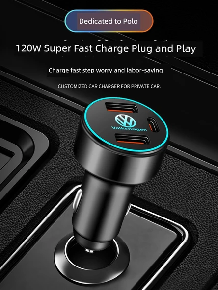 Volkswagen Polo Araç Şarj Cihazı Çift USB 36W - Siyah + 3'ü 1 Arada Kablo - 2