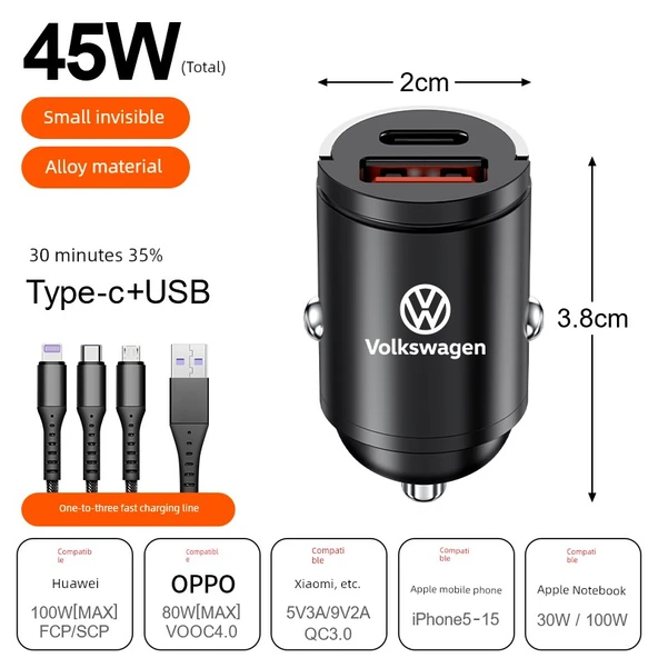 Volkswagen Gizli Araç Şarj Cihazı - 45W Mini Alaşım Siyah + Üçü Bir Arada Data Kablosu