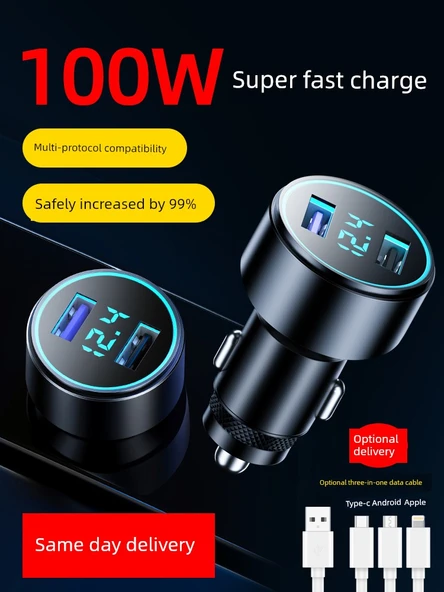 Çift Portlu Araç Şarjı - 100W Süper Hızlı Şarj Ay Işığı Gümüş - 2