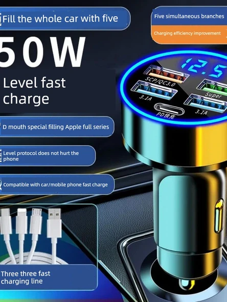 Hızlı Araç Şarj Cihazı 240W - Çift Süper Hızlı Şarj ve Üçü Bir Arada Hızlı Şarj Kablosu - Resim 2