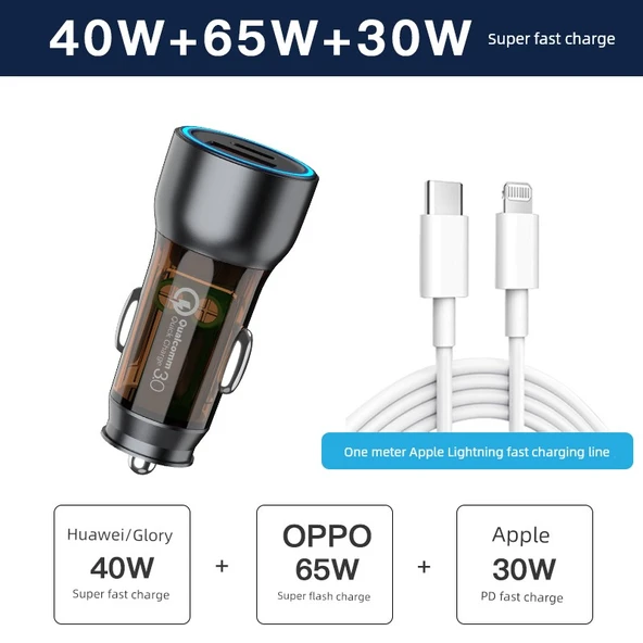88W Hızlı Araç Şarj Cihazı - 40W + Apple PD30W Dokulu + 1M Apple Kablo
