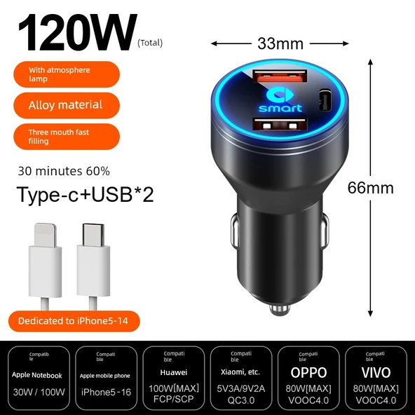 120W Alaşımlı Siyah Araç Şarj Cihazı + Apple 5~14 Hızlı Şarj Kablosu