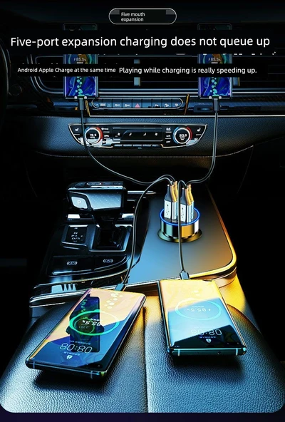 Hızlı Araç Şarj Cihazı 240W - Çift Süper Hızlı Şarj ve Üçü Bir Arada Hızlı Şarj Kablosu - Resim 7