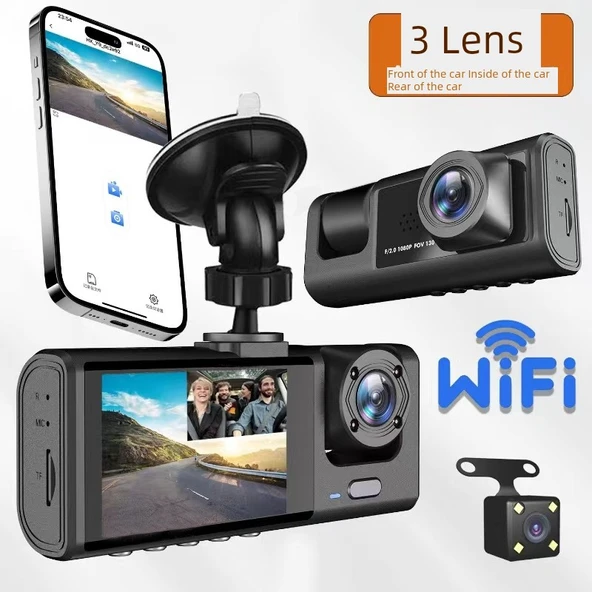 1080P HD Araç İçi Kamera - Üç Kamera, WiFi, Mobil Bağlantı, Geri Görüş, Hafıza Kartsız