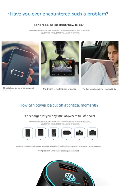 Volkswagen Polo Araç Şarj Cihazı Çift USB 36W - Siyah - 9