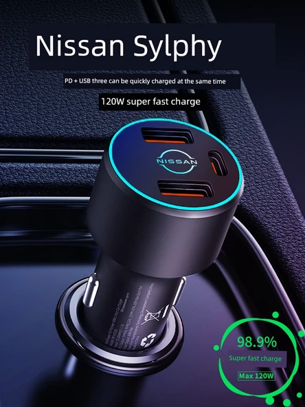 Nissan Sylphy Uyumlu Araç Şarj Cihazı - 120W Süper Hızlı Şarj - Siyah - 2