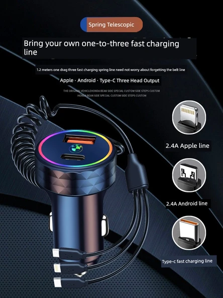 BMW Araç Şarj Cihazı - 30W - 3'ü 1 Arada Kablolu - Kırmızı - 5