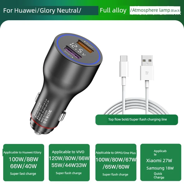 88W Hızlı Araç Şarj Cihazı - 100W Süper Hızlı Şarj + 1m Hızlı Şarj Kablosu