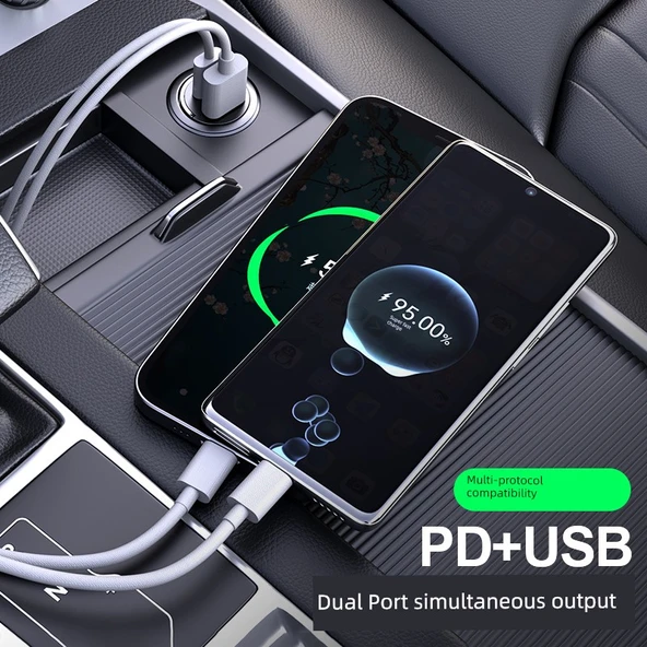 Volkswagen Gizli Araç Şarj Cihazı - 45W Mini Alaşım Siyah + Üçü Bir Arada Data Kablosu - 6