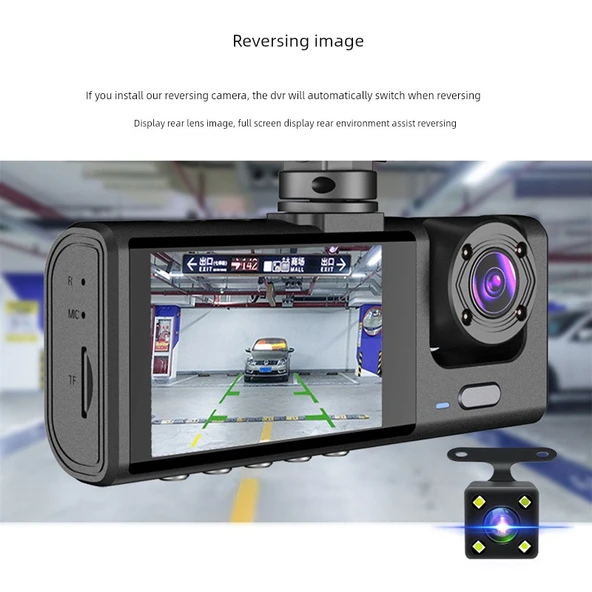 1080P HD Araç İçi Kamera - Üç Lens, WiFi Yok, Geri Görüş, 64GB Hafıza Kartı - 5