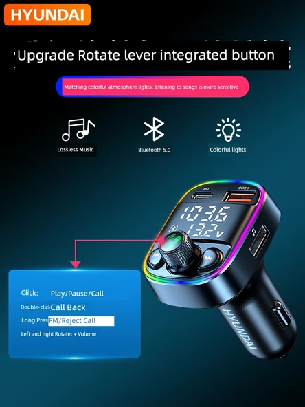 Bluetooth 5.0 Araç MP3 Çalar - Renkli Ambiyans Işığı, 3.4A Hızlı Şarj, Kayıpsız Ses Kalitesi - 4