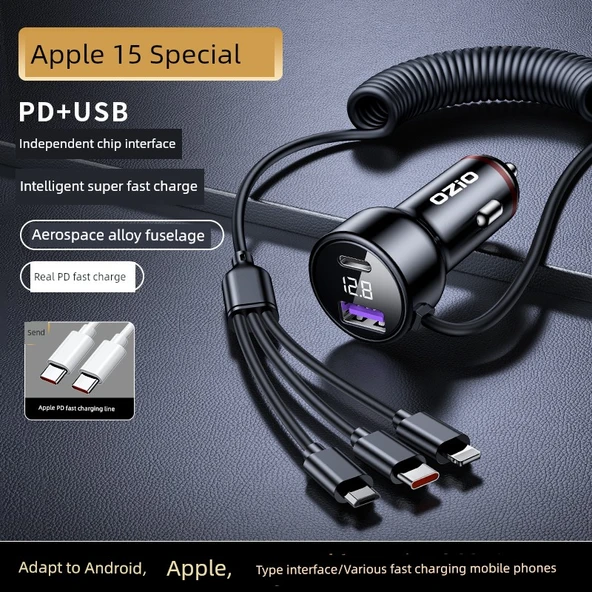 66W Araç Şarj Cihazı - Apple 15 Özel Akıllı Dijital Ekranlı + 3'ü 1 Arada Kablo