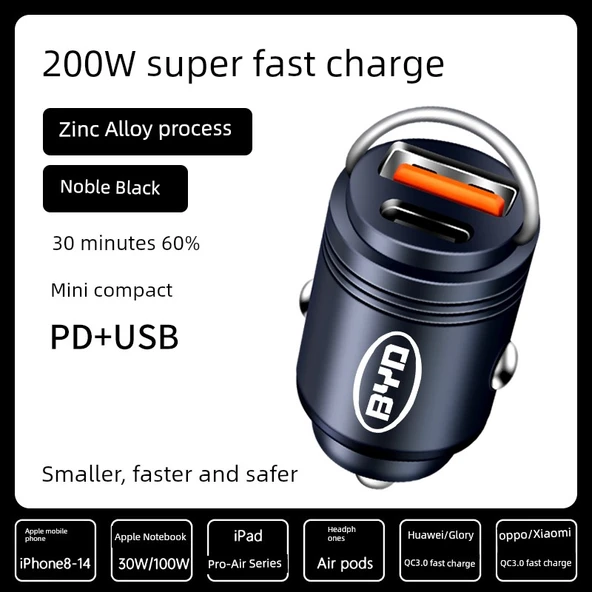 200W Süper Hızlı Araç Şarj Cihazı - Asil Siyah