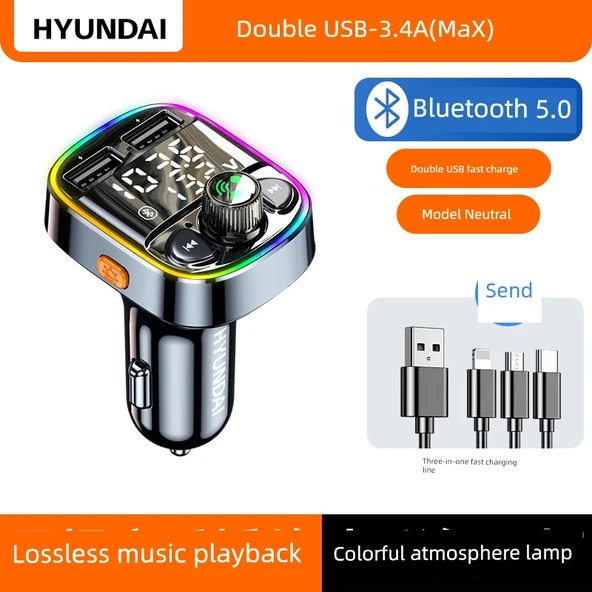 Bluetooth 5.0 Araç MP3 Çalar - Renkli Ambiyans, 3.4A Hızlı Şarj, Kayıpsız Ses + 3'ü 1 Arada Şarj Kablosu