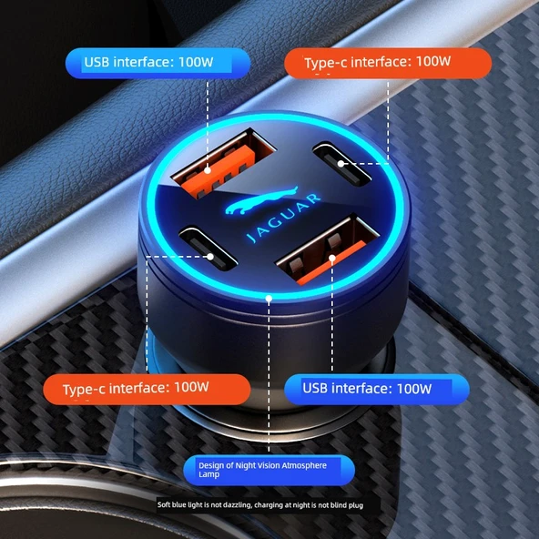 Jaguar Uyumlu 120W Süper Hızlı Şarj Alaşımlı Araç Şarjı + Apple 5~14 Hızlı Şarj Kablosu - 4
