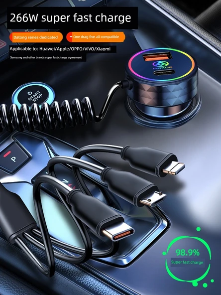USB Hızlı Araç Şarj Aleti - Gümüş 66W Süper Hızlı Şarj + Üçü Bir Arada Data Kablosu - 3