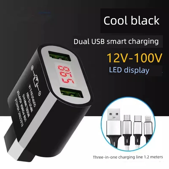 Elektrikli Araç USB Şarj Aleti 3.1A Siyah 12-100V + Üçlü Data Kablosu