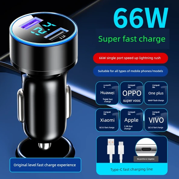 Süper Hızlı Araç Şarj Cihazı 66W Çift Port Süper Hızlı Şarj + Type-C Hızlı Şarj Kablosu