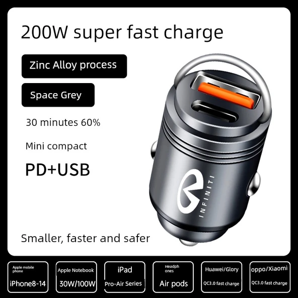200W Süper Hızlı Araç Şarj Cihazı - Uzay Grisi