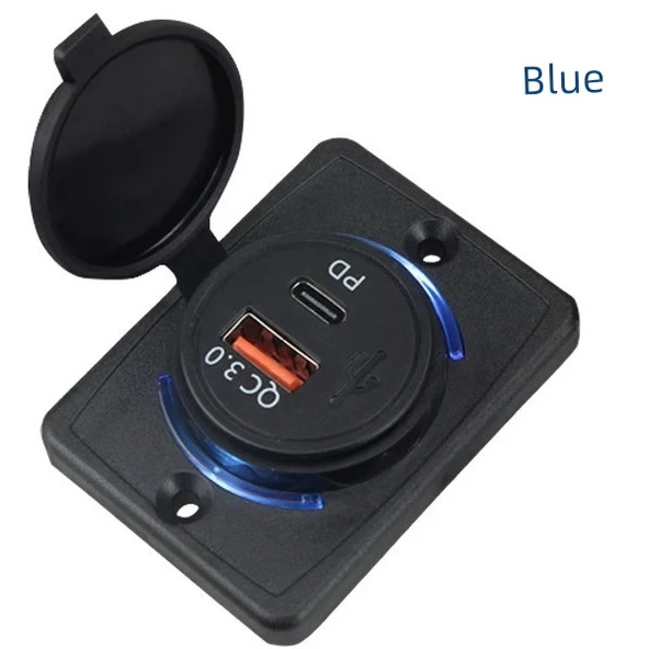 Hızlı Şarj USB Araç Şarj Cihazı - Düz Kare QC + PD Mavi Lamba