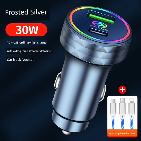 USB Hızlı Araç Şarj Aleti - Gümüş 30W + Üçü Bir Arada Renkli Data Kablosu