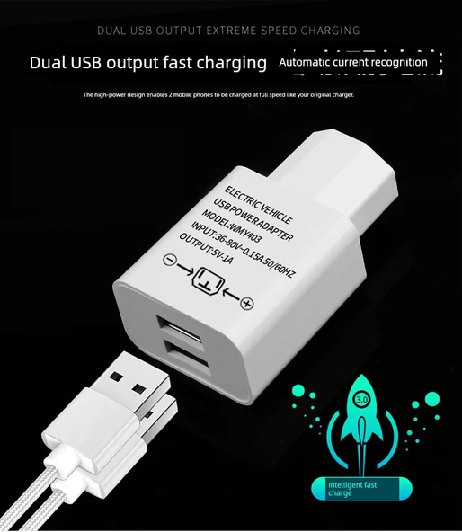 Elektrikli Araç Şarj Cihazı 2A Siyah Çift USB - Apple 1m Hızlı Şarj Kablolu - 10