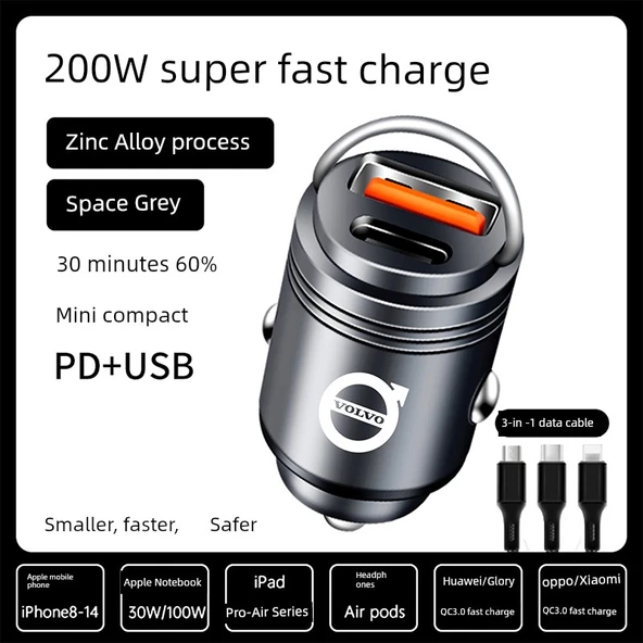 200W Süper Hızlı Araç Şarj Cihazı ve 3'ü 1 Arada Data Kablosu - Gri