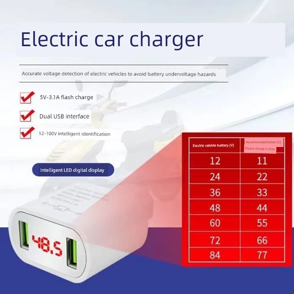 Elektrikli Araç USB Şarj Aleti 2A Çift USB Siyah + Üçlü Data Kablosu - 9