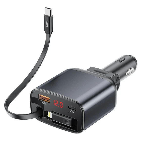 C42 Araç Çakmak Şarj Cihazı - Teleskopik Type-C + Lightning Kablolu
