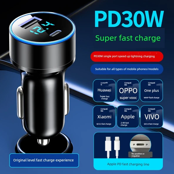PD30W Araç Şarj Cihazı Yao Gece Siyahı - [QC3.0 Dijital Ekran] + Apple 8-14 Kablosu