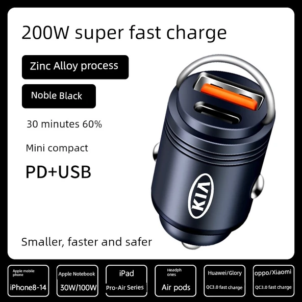 200W Süper Hızlı Araç Şarj Cihazı - Siyah