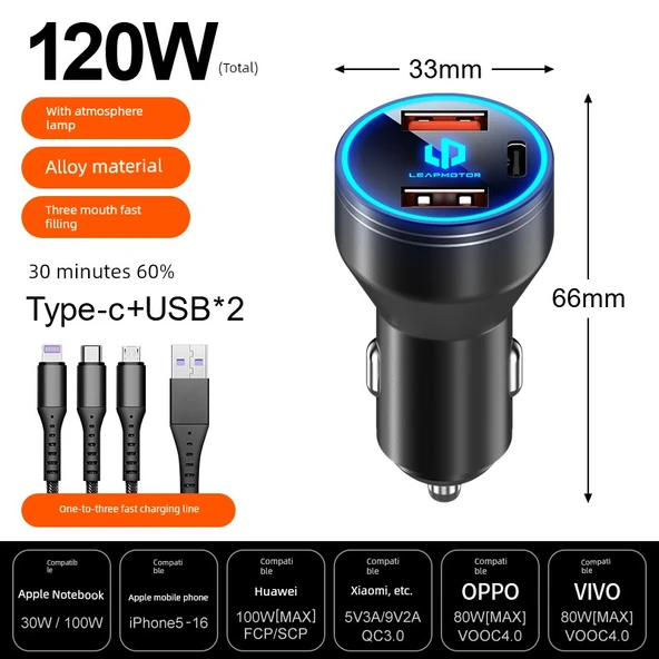 120W Süper Hızlı Şarj Alaşımlı Siyah Araç Şarj Cihazı + 3in1 Hızlı Şarj Kablosu