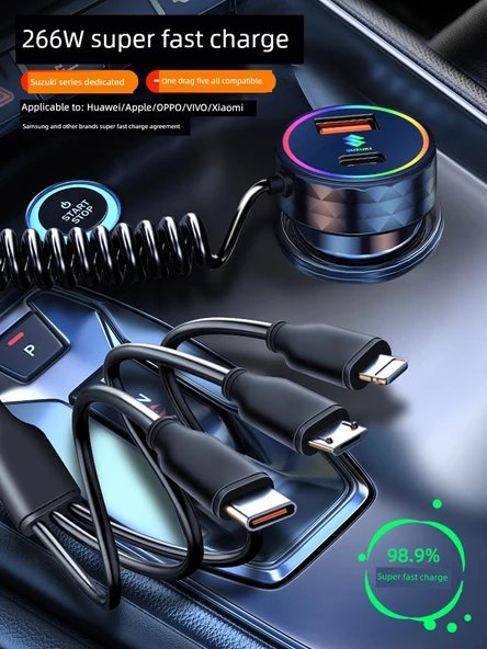 Canlı Kırmızı 30W Standart Şarj + Üçü Bir Arada Renkli Data Kablolu Araç Şarj Cihazı - Resim 3