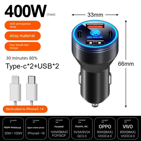 Hızlı Şarj Alaşımlı Araç Şarjı - 400W Süper Hızlı Şarj - Siyah - Apple 5~14 Hızlı Şarj Kablosu