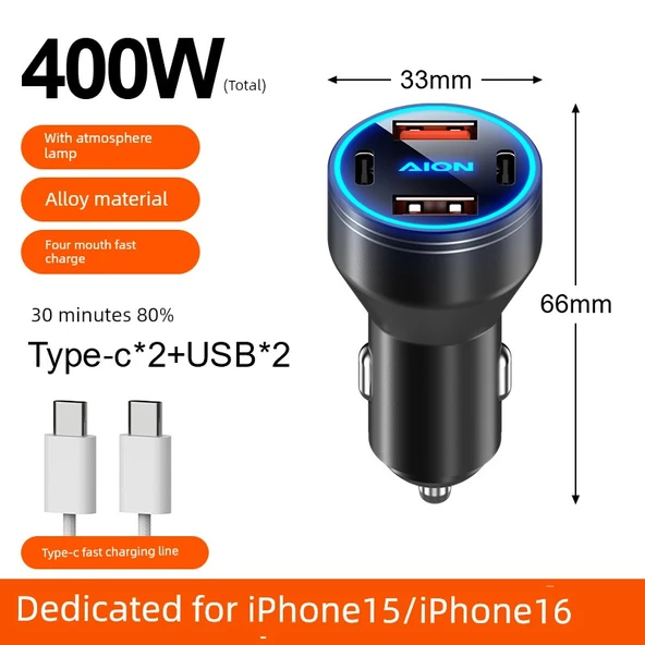 400W Süper Hızlı Şarj Alaşımlı Siyah Araç Şarjı + Apple 15~16 Hızlı Şarj Kablosu