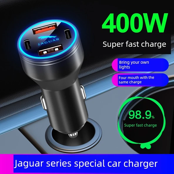 Jaguar Uyumlu 400W Süper Hızlı Şarj Alaşımlı Araç Şarjı + Apple 5~14 Hızlı Şarj Kablosu - 3