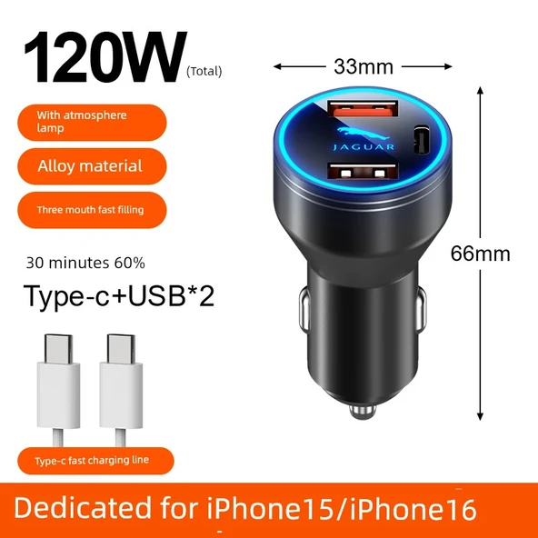 Jaguar Uyumlu 120W Süper Hızlı Şarj Alaşımlı Araç Şarjı + Apple 15~16 Hızlı Şarj Kablosu