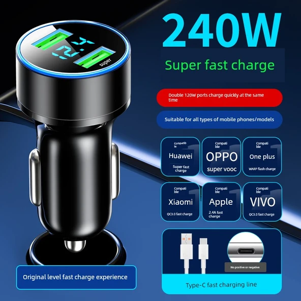 Süper Hızlı Araç Şarj Cihazı 240W Çift Port Eş Zamanlı Süper Hızlı Şarj + Type-C Hızlı Şarj Kablosu