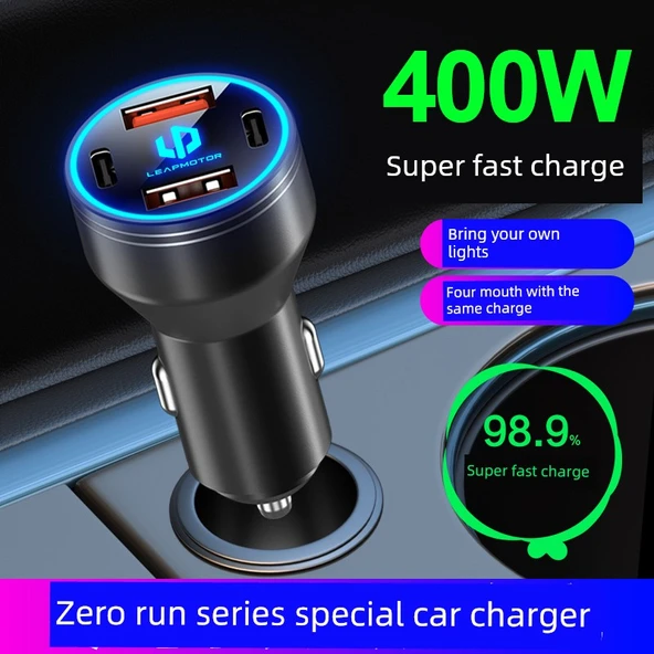 120W Süper Hızlı Şarj Alaşımlı Siyah Araç Şarj Cihazı + Apple 5-14 Hızlı Şarj Kablosu - 3