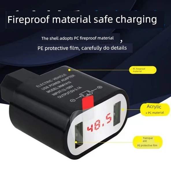 Elektrikli Araç USB Şarj Aleti 2A Çift USB Siyah + Üçlü Data Kablosu - 7