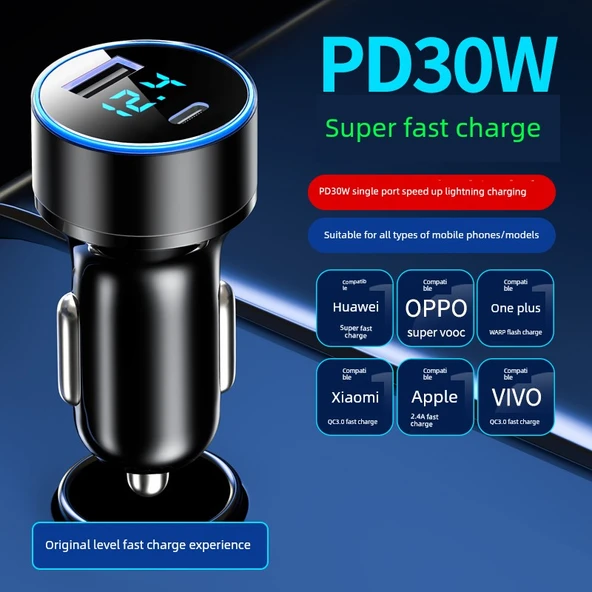 PD30W Araç Şarj Cihazı Yao Gece Siyahı - [QC3.0 Dijital Ekran]