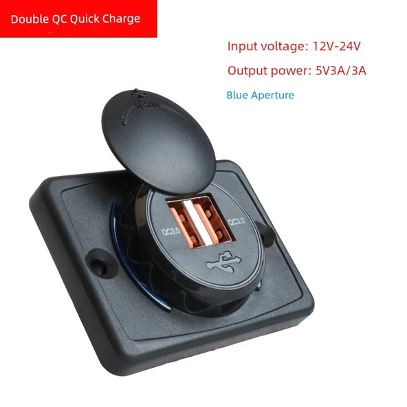 Hızlı Şarj USB Araç Şarj Cihazı - Çift QC3.0 Düz Kare Mavi Lamba