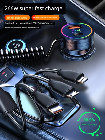 Araç Şarj Cihazı - Siyah Renkli 266W Yaylı Kablolu - Resim 3