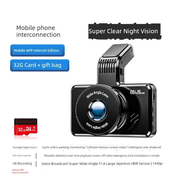 Ultra HD 1440p Araç İçi Kamera APP İnternetli - Tek Lens, 32GB Kart