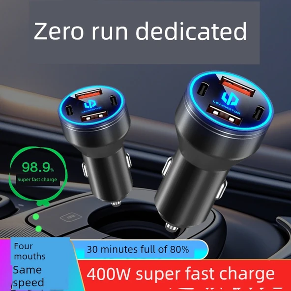 400W Süper Hızlı Şarj Alaşımlı Siyah Araç Şarj Cihazı + Apple 5-14 Hızlı Şarj Kablosu - 2