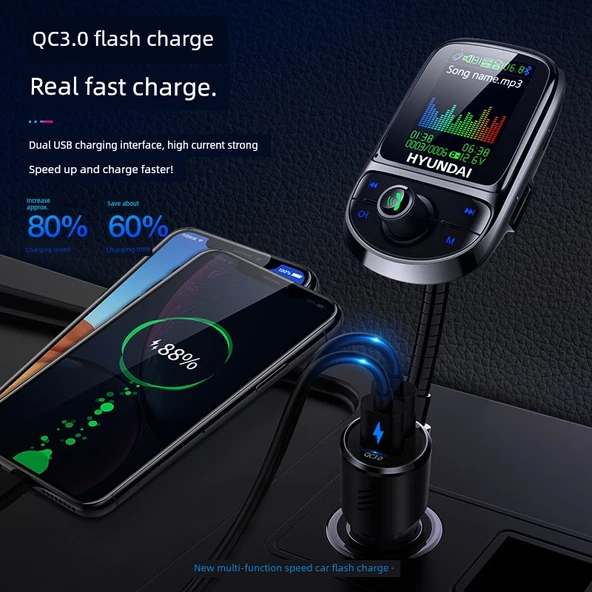 Oto MP3 Çalar - Hyundai + 3'ü 1 Arada Data Kablosu, Bluetooth 5.0, QC3.0 Hızlı Şarj - 3