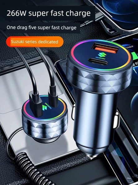 Canlı Kırmızı 30W Standart Şarj + Üçü Bir Arada Renkli Data Kablolu Araç Şarj Cihazı - Resim 4