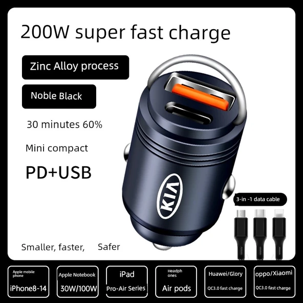 200W Süper Hızlı Araç Şarj Cihazı + Üçü Bir Arada Data Kablosu - Siyah